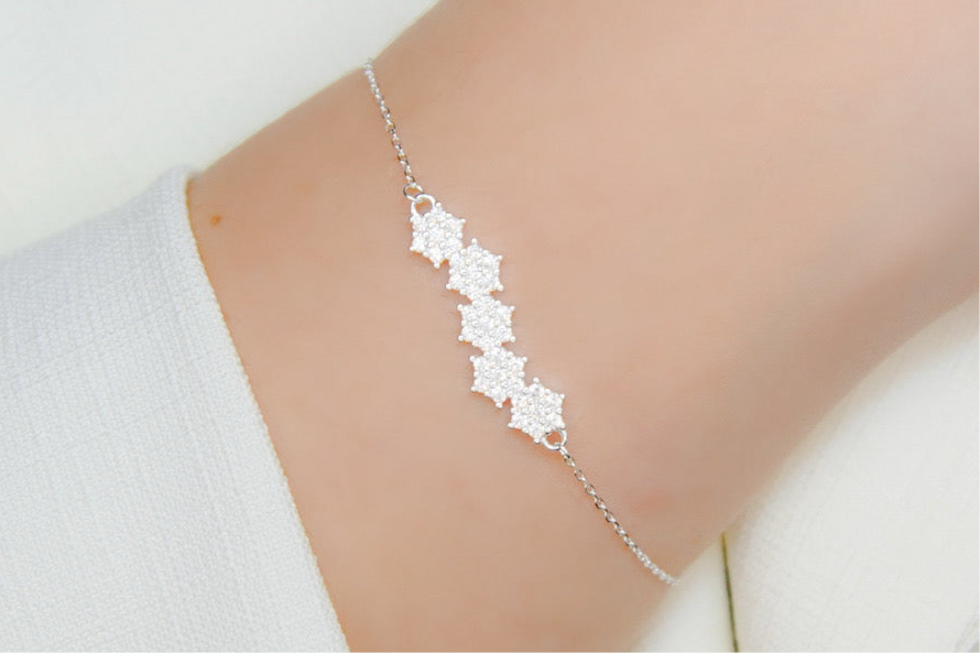 Pulseira Prata 925 5 Flores Cravejadas