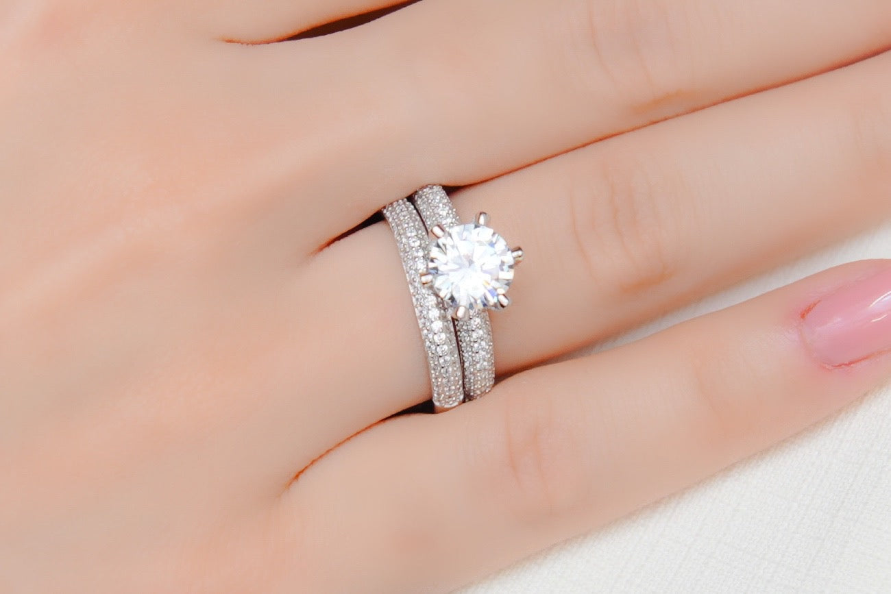 Duo Anéis Prata 925 Solitário + Aparador Cravejados