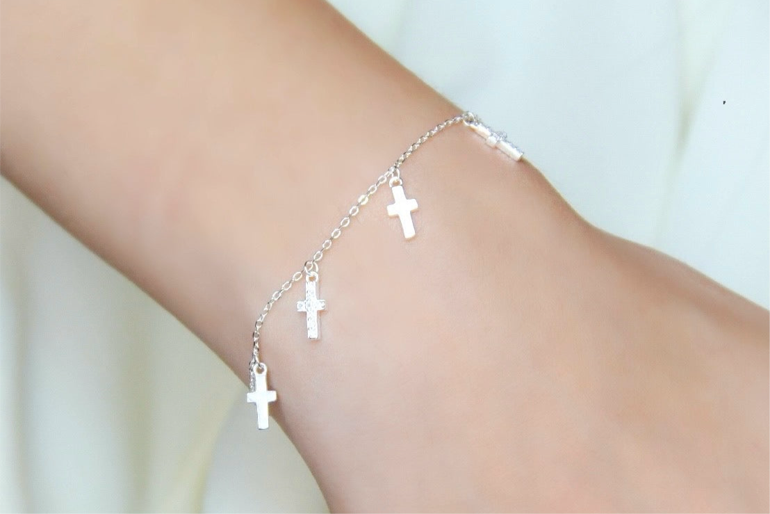 Pulseira Prata 925 Crucifixos Lisos e Cravejados