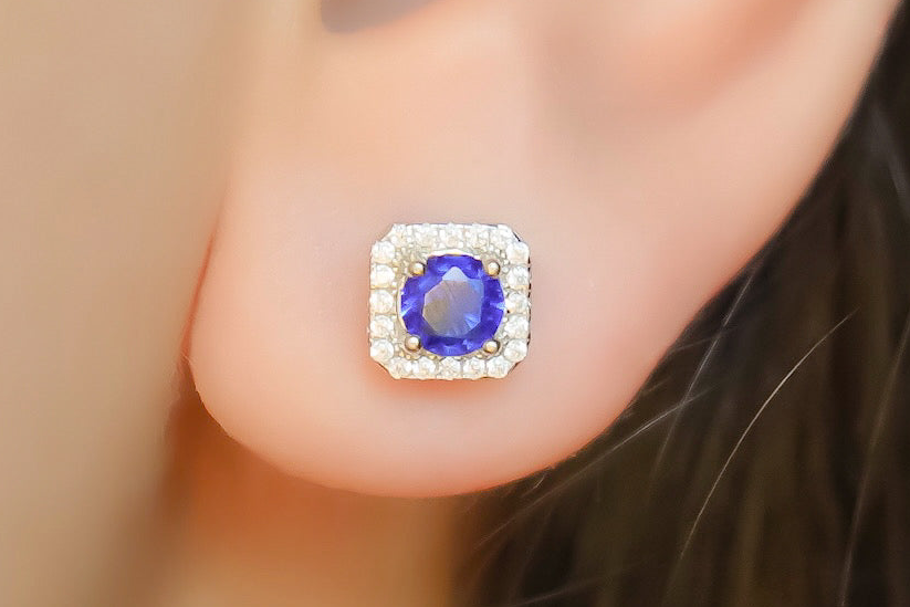 Brinco Prata 925 Square Borda Cravejada Pedra Azul