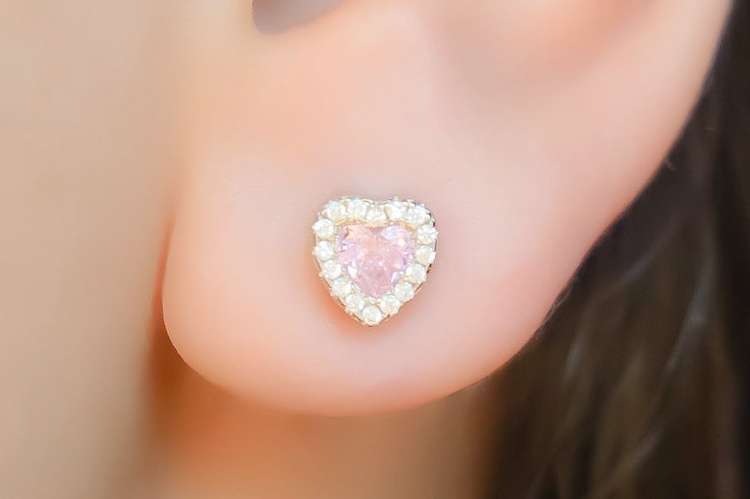 Brinco Prata 925 Coração Rosa Borda Cravejada