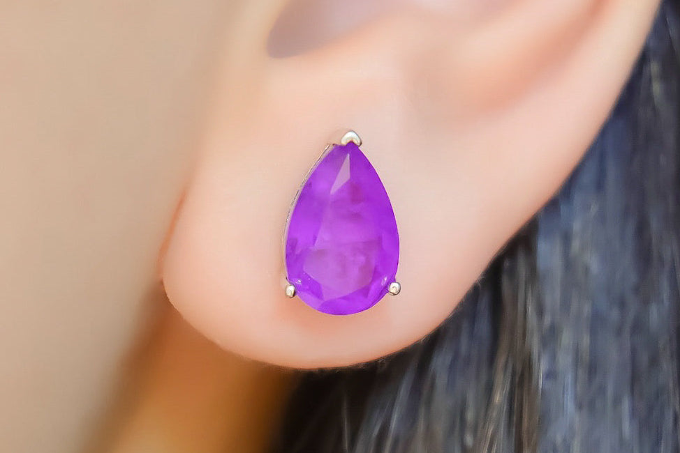 Brinco Prata 925 Gota Pedra Roxa