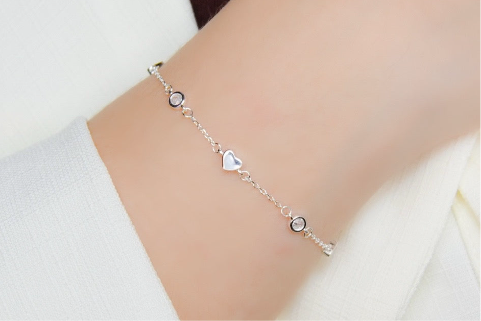 Pulseira Prata 925 Corações Lisos e Pontos de Luz